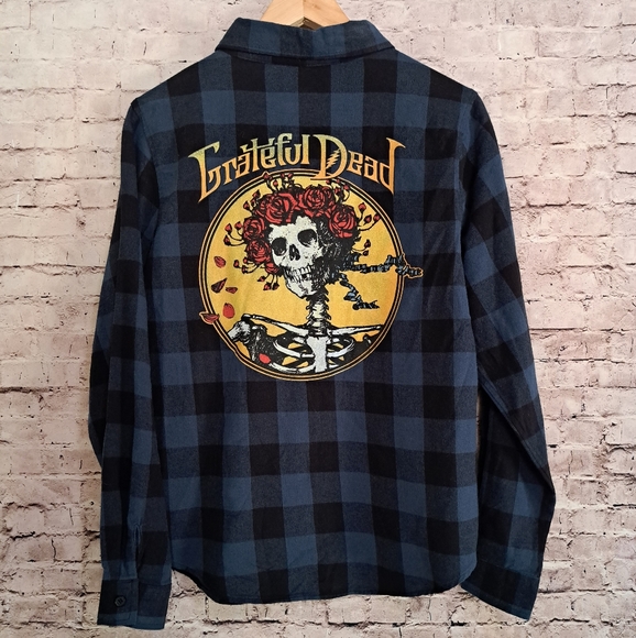 Grateful Dead Tops - Grateful Dead Flannel Blue/Black Plaid XS Skull Roses Graphic
